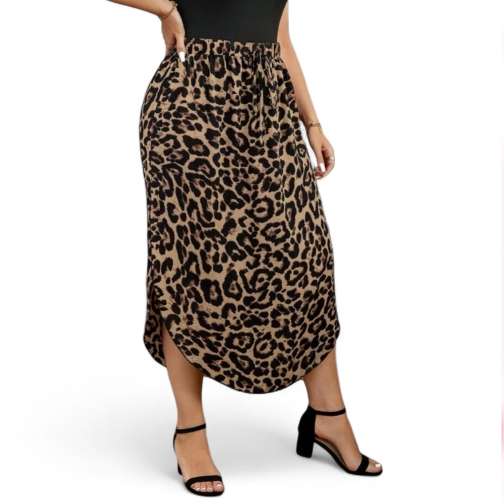 Drawstring Waist Leopard Print Slit Hem Chic Flared Skirt size 1XL - Picture 4 of 6